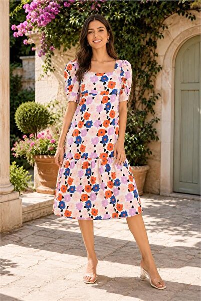 Neşeli Butik Women's Pink Midi Length Floral Patterned Square Collar Summer V...