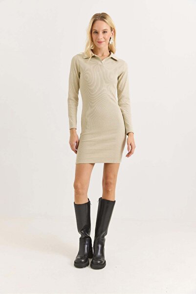 Raneel Kazançlı Alışveriş Women's Polo Collar Mini Dress Beige