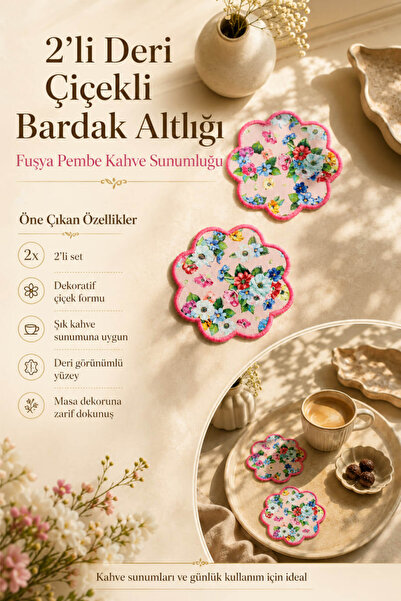 Anadolu Saray 2'li Fuşya Çiçekli Deri Bardak Altlığı Kahve Sunumluk Dekoratif...