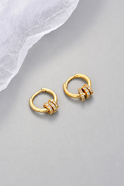 TREND COLLECTİON Gold Hoop Earrings with Zircon Stone Detail for Women