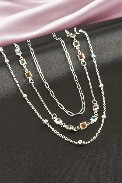 Marsilyan Square Crystal Stone Triple Necklace Ilkel-Bjt940