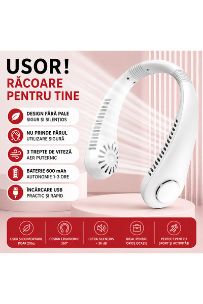 GALORWAY Ventilator Portabil de Gât, Fără Pale, USB, 3 Viteze, Silențios, Han...