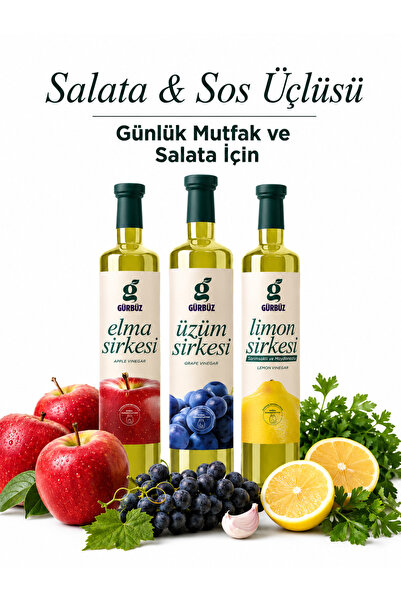 Gürbüzden Doğal Fermente Elma Sirkesi + Üzüm Sirkesi + Limon Sarımsak Maydano...