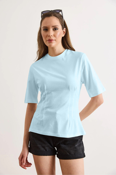 Olalook Women's Baby Blue Crew Neck Cotton Peplum T-Shirt Tsh-19000943