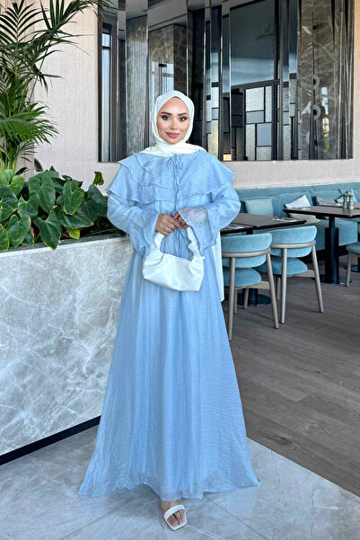 İmajButik Baby Blue Collared Ruffled Waist Elastic Dress