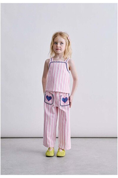 Magu Girl's Linen Pink Striped Strap Blouse and Pants Set