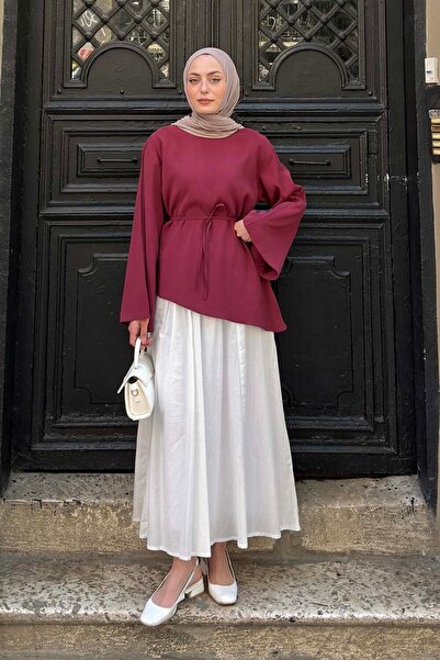 lamelif Asymmetrical Cut Shirt with Tie Detail, Burgundy