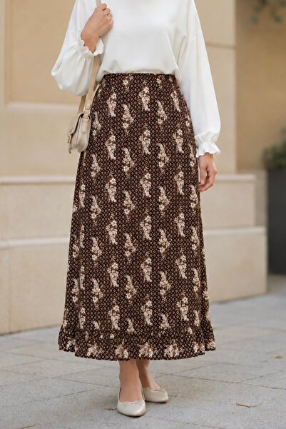 İmajButik Brown Patterned Viscose Skirt with Elastic Waist