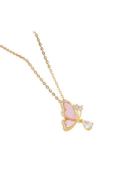 Black Season Gold Plated Zircon and Shell Butterfly Necklace