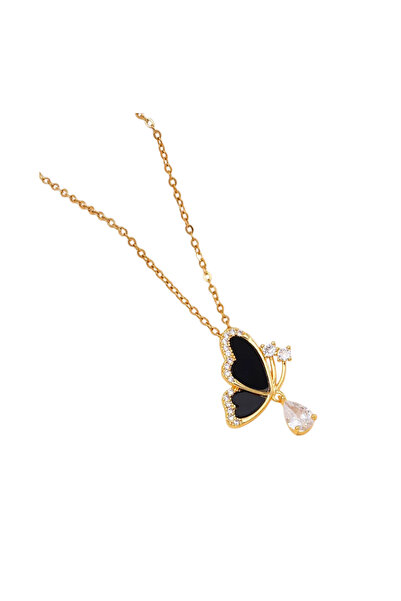 Black Season Gold Plated Zircon and Shell Butterfly Necklace