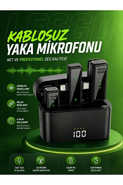 LESGO Type-c ve Lightning Uyumlu Gulony Klipsli Kablosuz Çift Mikrofonlu Tak ...