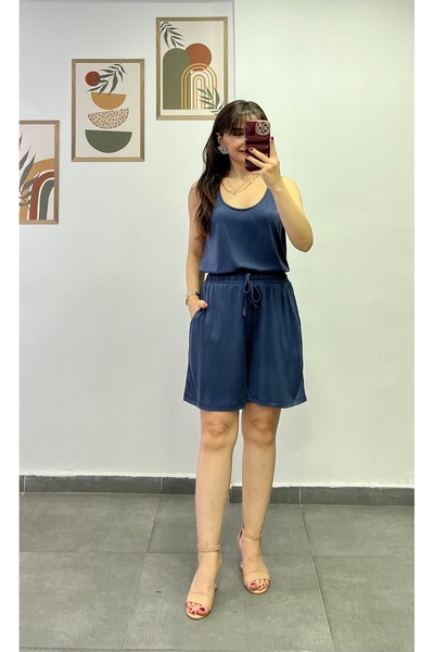 bydenizcollection Kayık Collar Shorts with Elastic Waist and Pocket Detail Oy...