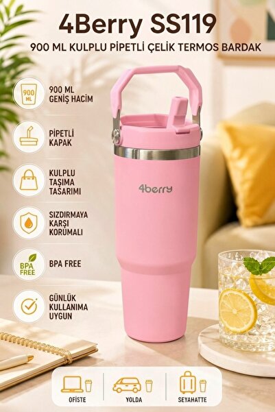 4 Berry SS119 900 ml Çelik Termos Bardak Pipetli Kulplu Taşınabilir Su Matara...