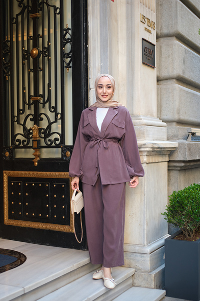 LOCCO Women's Pocket Detail Tunnel Belted Suit Cherry Rot