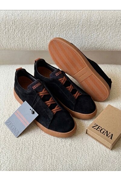 NEW ZEGNA BLACK SUEDE TRIPLE STITCH MENS SNEAKERS