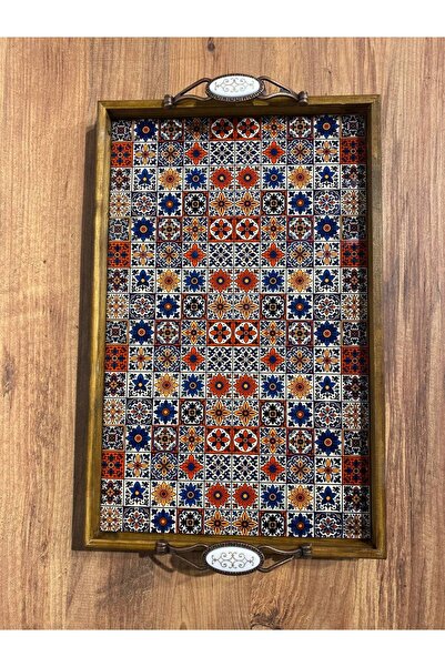 AHŞAP ÇERÇEVELİ MODERN DESENLİ SERAMİK YÜZEYLİ KAHVE, SUNUM TEPSİ