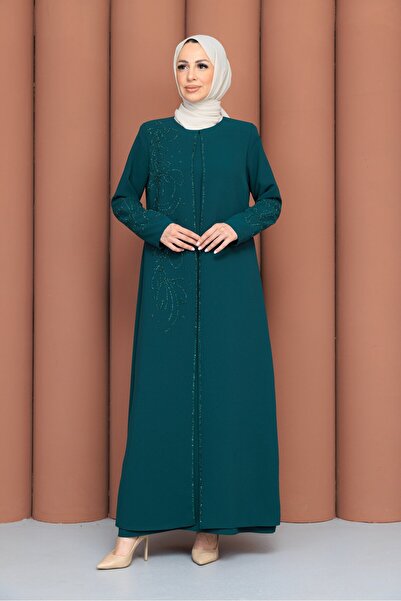 PAVENTİ Mother's Dress with Stones on the Front and Sleeves, Emerald Green