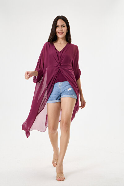 della moor Burgundy Italian Special Design Front Slit Bat Sleeve Lined Silk T...