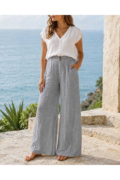 Butik Şans Women's Button Detailed Pocketed Wide Leg Summer Cotton Trousers