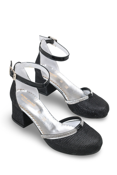 Miss Junior Black Glittery Stone Girls' Heeled Shoes Evening Dress Wedding Gr...