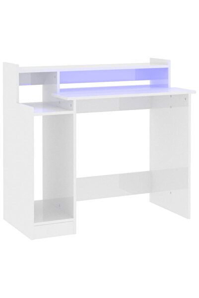 vidaxl Birou cu lumini LED alb extralucios 97x90x45 cm lemn compozit