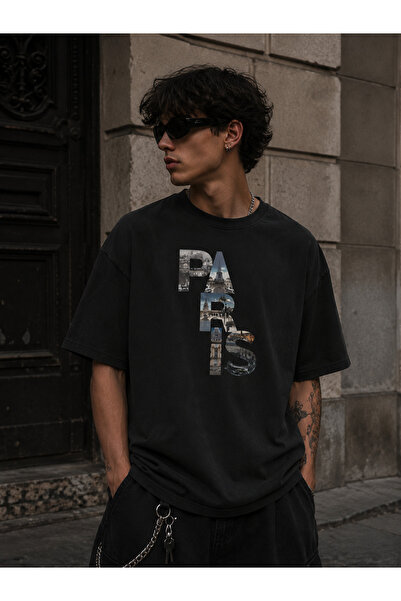 cc collection Tricou negru unisex oversize cu imprimeu Paris