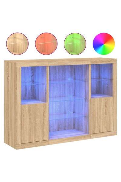 vidaxl Comodă cu lumini LED, 3 buc., stejar Sonoma, lemn prelucrat