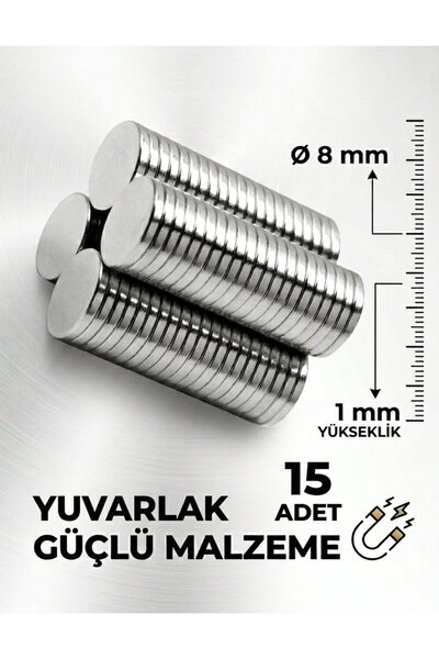 Dünya Magnet 15 Adet 8x1 Neodyum Mıknatıs Yuvarlak D 8X1MM Çap Yuvarlak Şekil...