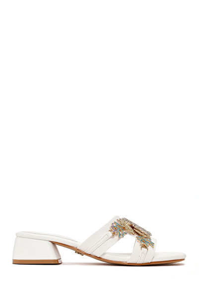 Derimod Women's White Stone Thick Short Heeled Slippers 26Sfe451914