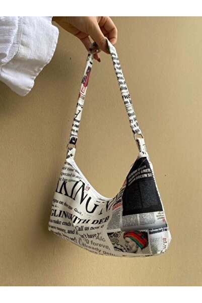 NİSNİS Gazete Desenli Y2K Omuz Çantası Kadın Günlük Kanvas Baguette Bag Fermu...