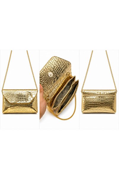 ÇANTA KROKO DESENLİ GOLD ZİNCİR ASKILI OMUZ ÇANTASI