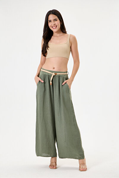 della moor Women's Khaki Italian 100% Linen Belted Elastic Waist Loose Wide L...
