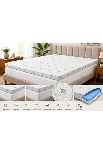 NufJoy Topper pentru Saltea Memory Aloe Vera 5 cm grosime, Spuma cu memorie, Husa cu Aloe Vera matlasata. cu fermoar, detasabila si lavabila