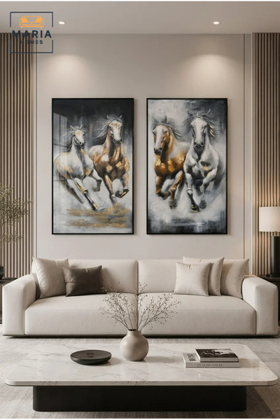 MARIA HOMES Luxury Horse Framed Wall Art Set of 2 – Modern Running Horses Pai...