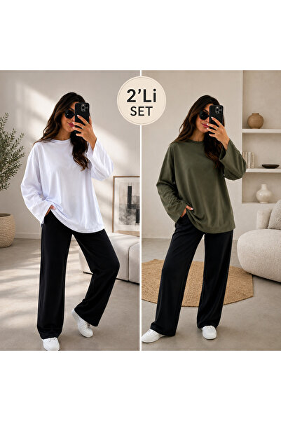 ELİSSE Kadın 2’li Set Oversize Basic Uzun Kollu Tişört Beyaz Haki Salaş Rahat...