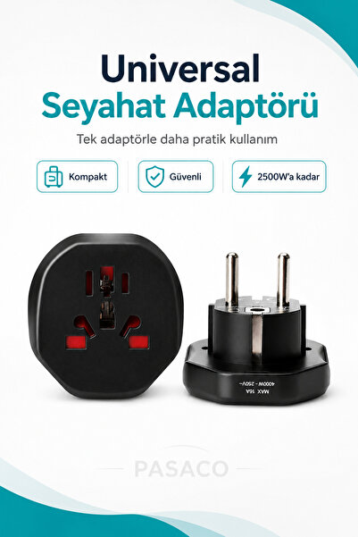 PASACO Universal Seyahat Adaptörü 2500W Çoklu Priz Çevirici Yurt Dışı Fiş Dön...