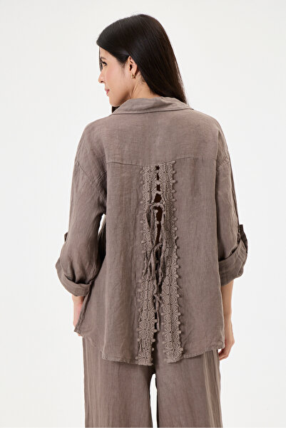 della moor Women's Mink Italian 100% Linen Lace Back Low-Cut Top and Bottom L...