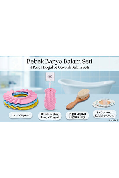 Baby Bebek Banyo Bakım Seti 4'lü | Banyo Şapkası, Organik Keçi Kılı Fırça, Pe...