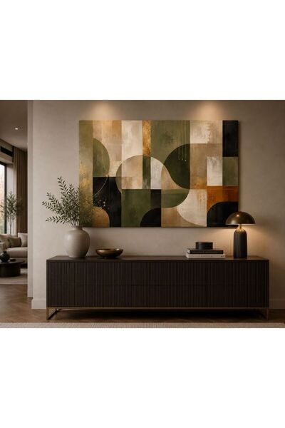 walliva Modern Geometrik Soyut Kanvas Tablo Yeşil Bej Siyah Gold Tonlu Minima...
