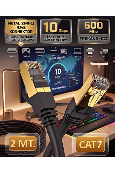 ZEYar Teknoloji Cat7 Ethernet Kablosu 2 Metre 10 Gbps 600 MHz Metal Zırhlı