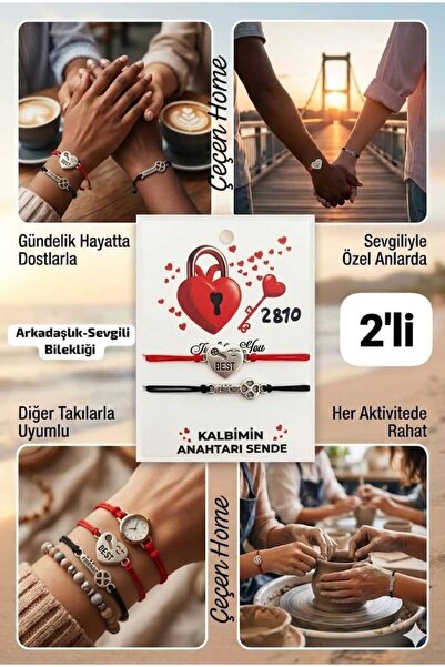 ÇEÇEN HOME 2-Piece Heart-Key Bracelet Combination, Red and Black String Brace...