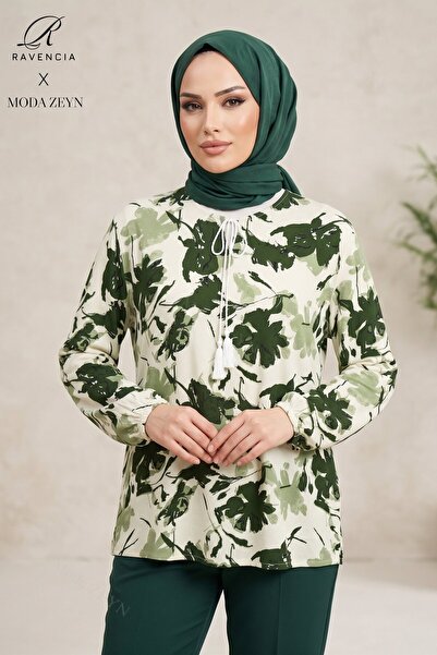 Ravencia Women's Floral Patterned Crew Neck Lace-Up Woven Viscose Blouse
