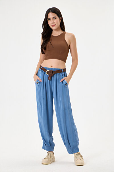 della moor Women's Blue Italian Carrot Fit Elastic Waist Belted Casual Tencel...