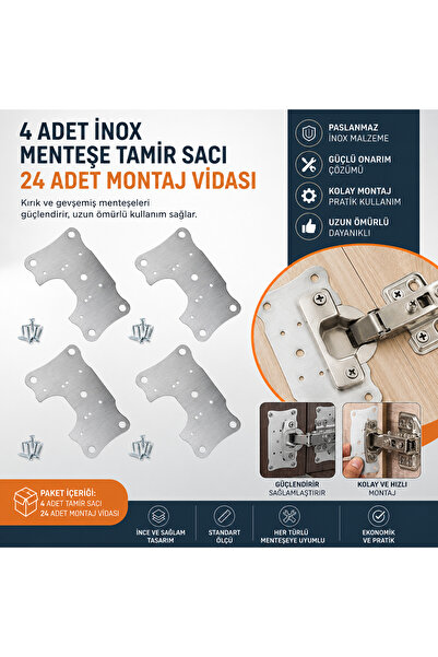 KarapolatYapı 4 Adet İnox Menteşe Tamir Sacı ve 24 Adet Montaj Vidası Dolap K...