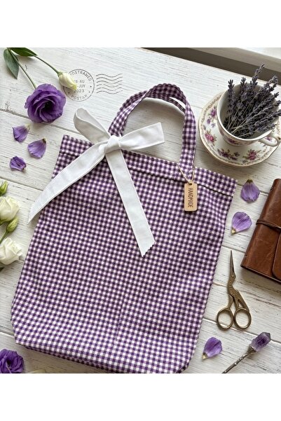 GENCATELİER Handmade Purple Gingham Patterned Fabric Tote Bag, Tote Bag with ...