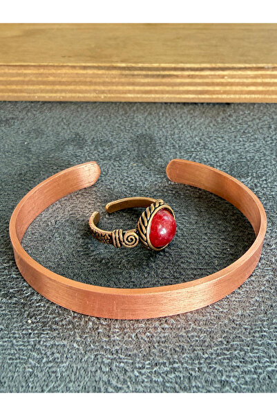 Rupen Kraft Handcrafted copper bracelet and natural stone ring set, adjustabl...