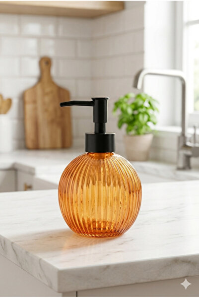 KLARHAUS Çizgili Yuvarlak Siyah Pompalı Cam Sıvı Sabunluk - 500ml - 16x10x10 cm