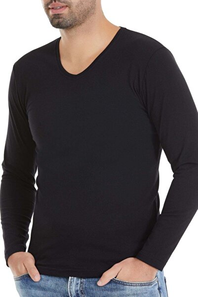 YILDIZ Lycra V-Neck Long Sleeve Men's T-Shirt Black