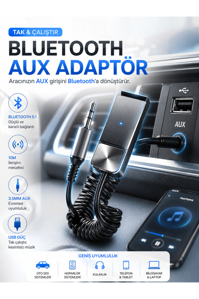 DEANB 5.1 AUX Araç Kiti Bluetooth Çevirici Adaptör 3.5mm Jack Tak Çalıştır Ka...