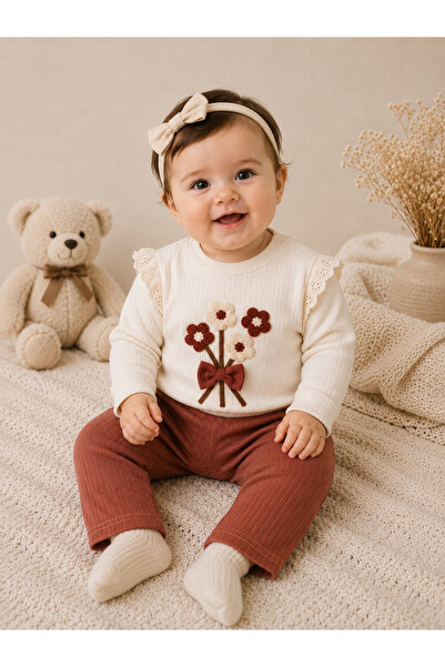 LİLİYUM Baby Girl 100% Cotton Floral Appliqued Ribbed Bottom Top Long Sleeve ...